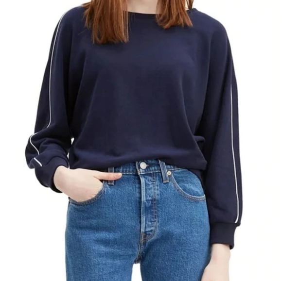 Levi's Navy Blue Crew Sweatshirt White Piping Sleeve, Women's Size L - Picture 1 of 6